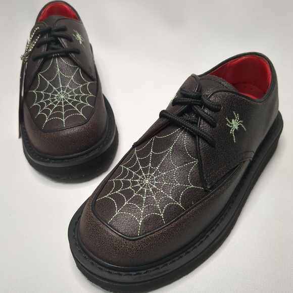 🕸️ Vintage Designer Kids Dress Shoes US 1- Brown Leather With Spider Web Design - Picture 1 of 9